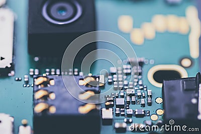 Close up view of camera inside smart phone and motherboard Stock Photo