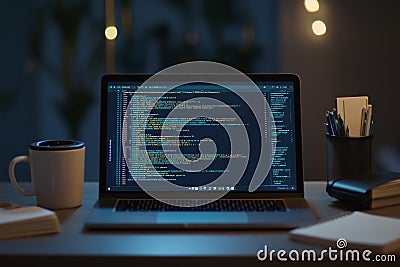 A close-up view captures a laptop screen filled with Python code focused on data analysis. The workspace features a Stock Photo