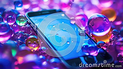 Close-Up View of a Cell Phone Screen Displaying a Mesmerizing Array of Blue and Purple Bubbles Stock Photo