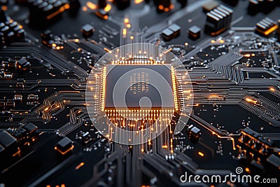 A close up view of circuit board featuring intricate patterns and glowing elements showcasing advanced technology and innovation Stock Photo