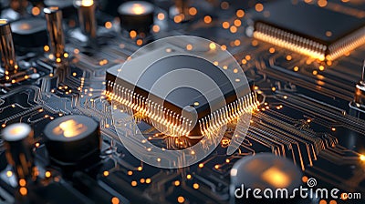Close-up view of a circuit board showcasing a microchip and glowing components, emphasizing technology and innovation Stock Photo
