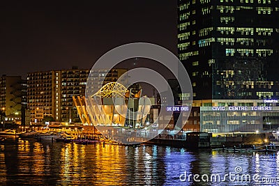 Night scene of close up view of The Civic Center Towers Victoria Island, Lagos Nigeria Stock Photo