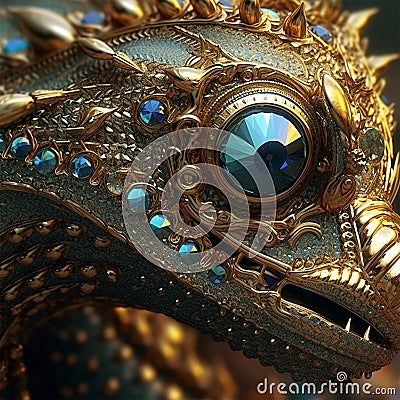 Close up view of a Closeup lizard and gold filigree. Generative Ai Stock Photo