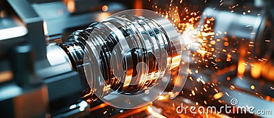 Close-up view of a CNC machine at dawn creating precision parts with sparks and metallic shine in a modern workshop Stock Photo