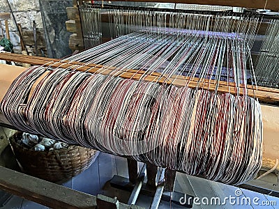 Close-up of Wool on a Weaver’s Loom Inside an 1800’s Recreated Home in Spring Mill State Park Stock Photo