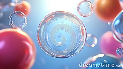 A close-up view of colorful bubbles floating in a soft, illuminated background Stock Photo