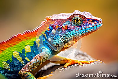 Close-up view of a colorful chameleon lizard, Ai Generated image Stock Photo