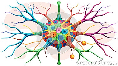 A close-up view of a colorful 3D-rendered neuron model reveals the intricate details of its structure and the complex connections Stock Photo