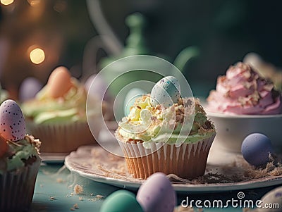 Close-up view of colorful Easter cupcakes with chocolate eggs decorations. Stock Photo