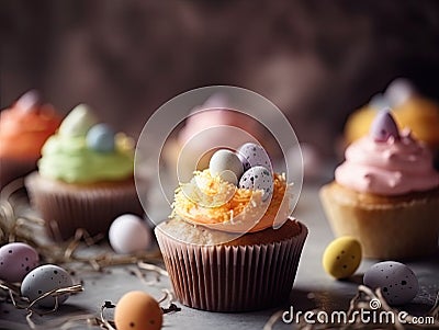 Close-up view of colorful Easter cupcakes with chocolate eggs decorations. Stock Photo