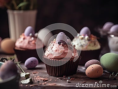 Close-up view of colorful Easter cupcakes with chocolate eggs decorations. Stock Photo