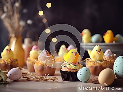 Close-up view of colorful Easter cupcakes with chocolate eggs and toy chickens decorations. Stock Photo