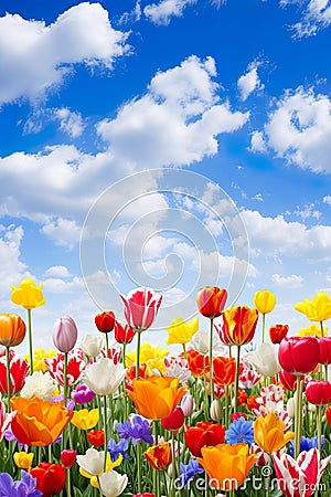 close-up view of colorful tulips in a field, bathed in the warm sunlight of a beautiful spring day. Stock Photo