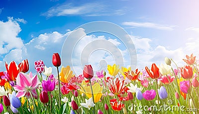 close-up view of colorful tulips in a field, bathed in the warm sunlight of a beautiful spring day. Stock Photo