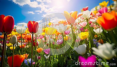 close-up view of colorful tulips in a field, bathed in the warm sunlight of a beautiful spring day. Stock Photo