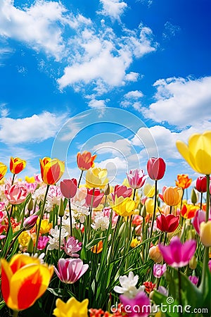 close-up view of colorful tulips in a field, bathed in the warm sunlight of a beautiful spring day. Stock Photo