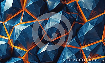 close-up view complex arrangement blue and orange triangular shapes, creating striking visual effect. Stock Photo