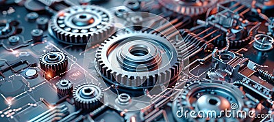 A close-up view of a complex machine with intricate gears interlocked and turning, representing the powerful mechanisms of data Stock Photo