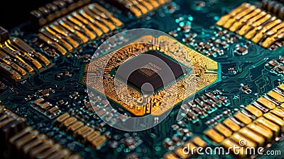 Close-up view of a complex microprocessor circuit board with gold and silver components illuminated by ambient light Stock Photo