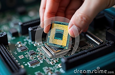 Close-up view of computer tech maintenance. Person installs cpu processor into socket on pc motherboard. Tech support hardware Stock Photo