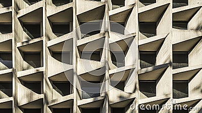 A close-up view of a concrete building with a unique geometric pattern of windows, casting shadows Stock Photo