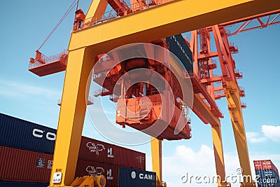 Close up view of container ship under loading. Freight vessel at the berth in cargo terminal. Port cranes loading Cartoon Illustration