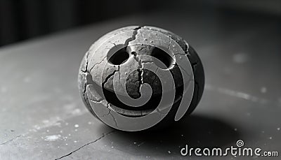 Close-up view of cracked clay ball shaped object on dark surface. Object resembles smiling face. Appears handmade. Dark gray Stock Photo