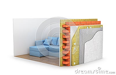 Close-up view of the cross-section of the wall. All layers. heat insulation. 3d Cartoon Illustration