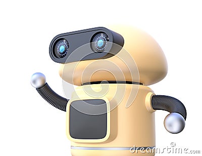 Close up view of cute robot raise his hands isolated on white background Stock Photo