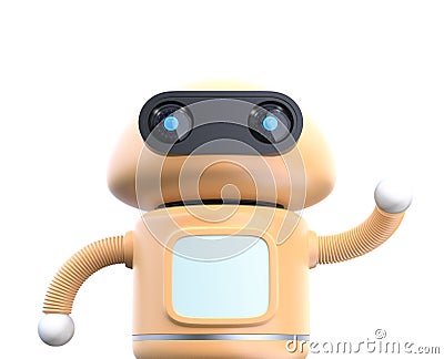 Close up view of cute robot raise his hands isolated on white background Stock Photo