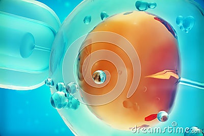 Close-up view 3D illustration Glass needle fertilizing sperm injection in female egg, Concept, scientific experiment Cartoon Illustration