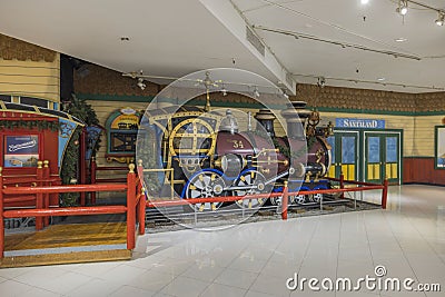 Close up view of decoration train at entrance to toys department of Macy`s store. Editorial Stock Photo