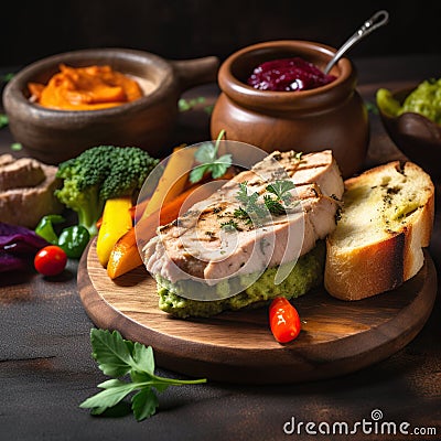 Close-up view of delicious duck pate served with various vegetables and sauces. Dark restaurant background. Stock Photo