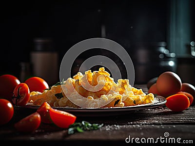 Close-up view of delicious plate of macaroni with cheese. Cherry tomatoes on the side. Stock Photo