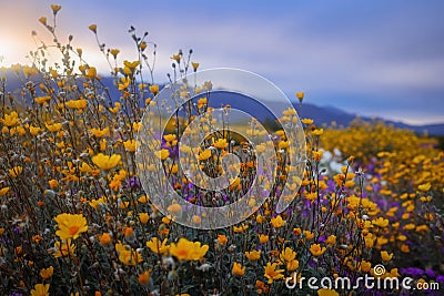 Close up view of desert wildflowers st Anza Borrego desert state park during sunset Stock Photo