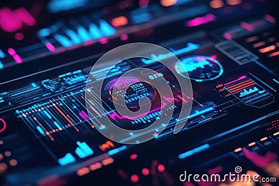 A close-up view of a digital dashboard displaying various colorful analytics, graphs, and metrics, representing data visualization Stock Photo