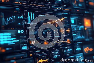 A close-up view of a digital dashboard displaying various colorful analytics, graphs, and metrics, representing data visualization Stock Photo