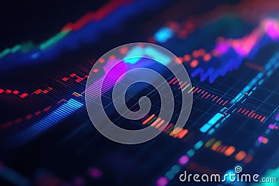 A close-up view of a digital dashboard displaying various colorful analytics, graphs, and metrics, representing data visualization Stock Photo
