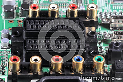 Close-up view on a digital video recorder on the part connectors. Video audio input. Stock Photo