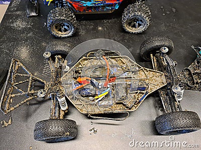 Close up view of dirty disassembled radio controlled toy car Stock Photo