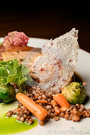 Close-up view on dish of appetizing piece of baked meat with buckwheat and vegetables on plate Stock Photo