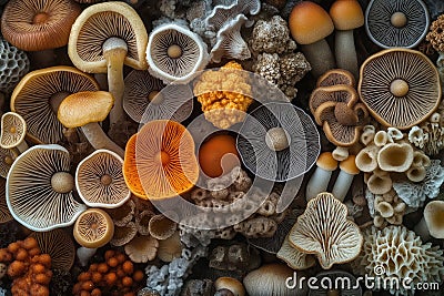 Close-up view of diverse fungi spores. Microscopic view shows unique shapes, structures of different fungi spores. Spores appear Stock Photo