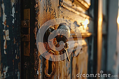 A close up view of a door with a bunch of keys hanging on it. This image can be used to represent security, access, or Stock Photo