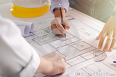 Close-up view of the engineers` plans being discussed. with architect equipment architect Stock Photo