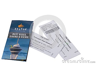 Close up view of entrance tickets and booklet for SkyPod Stratosphere tower. Strip. Las Vegas, Nevada, Editorial Stock Photo