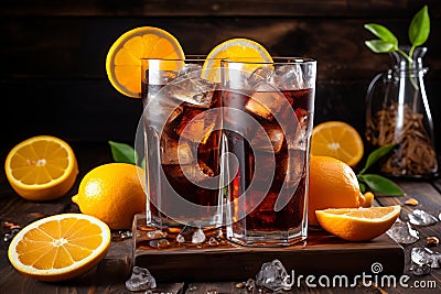 Close-Up View of Exquisite Espresso Tonic Cocktail with Refreshing Lemon and Ice Garnish Stock Photo