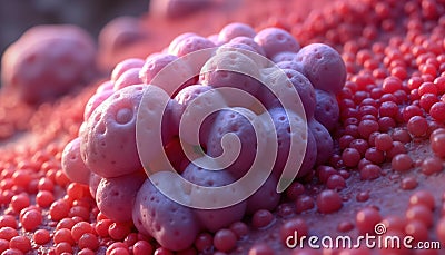 Close-up view of fat tissue. Adipocytes clustered, formed in groups. Microscopic image displays cellular structure, arrangement. Stock Photo