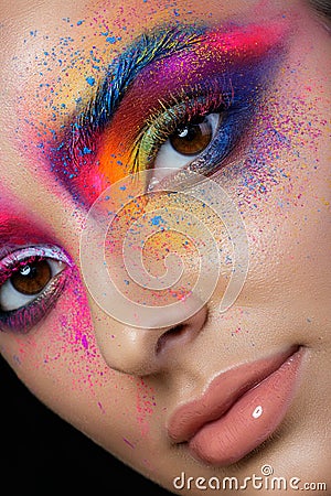 Close up view of female face with bright multicolored fashion ma Stock Photo