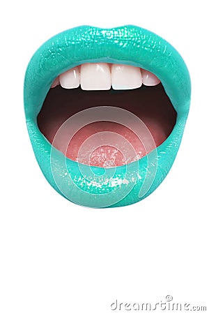 Close-up view of female wearing Cyan Green lipstick with mouth open over white background Stock Photo