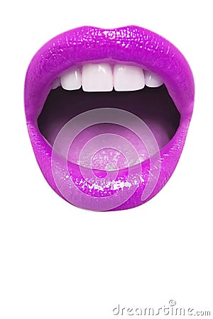 Close-up view of female wearing light pink lipstick with mouth open over white background Stock Photo